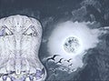 Digital art picture of bright supermoon in night dramatic clouds with horror flaming face of halloween pumpkin