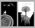 Black and white digital art wall decor. tree, deer, splash, circles, and splash. Royalty Free Stock Photo