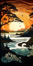 Sunset At The Surf: A Neolithic Forest Inspired Art Nouveau Illustration