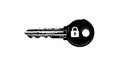 Black and white digital illustration of a key with circuit board patterns on the blade and a padlock symbol on the head, Royalty Free Stock Photo