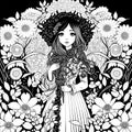 Black and white digital illustration with portrait of a girl, coloring book, line art, flowers background Royalty Free Stock Photo