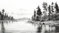 Black And White Sketch Of Pine Trees Along Water - High Resolution Digital Painting Royalty Free Stock Photo