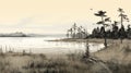 Post-apocalyptic Coastal Landscape: Marsh Sketch Of Pine Trees