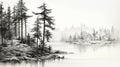 Black And White Digital Painting: Forest And Lake Sketch Royalty Free Stock Photo