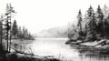 Misty Black And White Lake Painting With Pine Trees