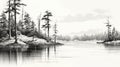 Black And White Sketch Of Pine Trees Along Water Royalty Free Stock Photo