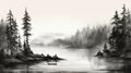 Black And White Digital Painting Of Pine Trees By The Lake Royalty Free Stock Photo