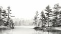 Serene Black And White Pine Tree Sketch On Water