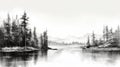 Black And White Digital Painting: Serene Pine Trees By Reflecting Water