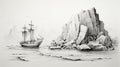 Black And White Digital Painting Of A Ship Sailing Away On Rocks