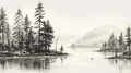 Black And White Digital Painting: Tranquil Pine Trees By The Lake Royalty Free Stock Photo
