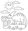 Black and white dino in a desert under the sun with cactus. Summer scene outline illustration with cute dinosaur. Funny Royalty Free Stock Photo