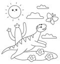 Black and white dino running for a butterfly under the sun. Summer scene outline illustration with cute dinosaur. Funny Royalty Free Stock Photo