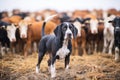 black and white dog amidst a herd of brown goats Royalty Free Stock Photo