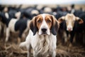 black and white dog amidst a herd of brown goats Royalty Free Stock Photo