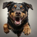 Funny Image Of A Leaping Rottweiler With A Happy Face