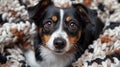 A black and white dog laying on a blanket with brown eyes, AI Royalty Free Stock Photo