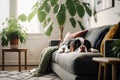 Black and white dog laying on couch next to potted plant. Generative AI Royalty Free Stock Photo