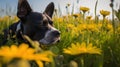 a black and white dog laying in a field of yellow flowers and daisies with a blue sky in the background of the background Royalty Free Stock Photo