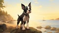 Nostalgic Children\'s Book Illustration: Boston Terrier Puppy On Manitoba Shores