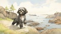 Nostalgic Children\'s Book Illustration: Shih Tzu Puppy On Newfoundland\'s Rocky Coast