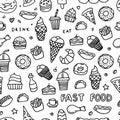 Black and white doodle fast food. Background about drinks and fast food Royalty Free Stock Photo