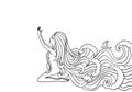 Black and white doodle illustration. Pregnant woman praying. Girl with water instead of hair
