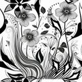 Black and white doodle lines floral seamless pattern. Beautiful hand drawn flowers vector background. Doodle drawing lines flowers Royalty Free Stock Photo