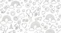 Black and White Doodle Pattern with Rockets and Rainbows Royalty Free Stock Photo