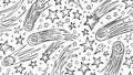 Black and White Doodle Stars and Comets Seamless Pattern Royalty Free Stock Photo