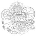 Black and white doodle still life vector background in graphic. Tea or coffee cup with marshmallow, cinnamon rolls