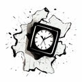 Abstract Clock Dripping From Broken Walls - Monochrome Ink Style