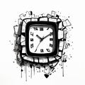 Emotional Clock Sculpture: Monochrome Ink Cartoon Abstraction On A Ripped Wall