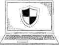 Black and white doodle style illustration of notebook with antivirus protection