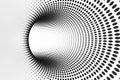 Black and white dotted spiral tunnel. Striped twisted spotted optical illusion. Abstract halftone background. 3D render.