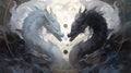 black and white dragon face to face, symbol of balance, heart shaped pose, banner, poster