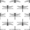 Black And White Dragonfly Seamless Vector Pattern Isolated On White Background