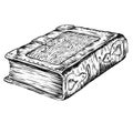 black and white drawing ancient book leather-bound folio with metal edging Royalty Free Stock Photo