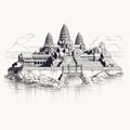 Angkor Wat Temple: Water Pen And Ink Illustration With Tattoo-inspired Style Royalty Free Stock Photo