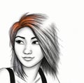 A Black and White Drawing of an Asian Girl with Short Copper Straight Hair