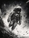 Black and white drawing of an astronaut in space done in graphic art style. AI generated Royalty Free Stock Photo