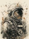 Black and white drawing of an astronaut in space done in graphic art style. AI generated Royalty Free Stock Photo