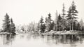 Hyperrealistic Black And White Sketch Of Pine Trees By A Lake