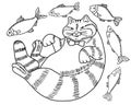 Black and white drawing of a cat - a fat happy well fed cat surrounded by fish, doodle Royalty Free Stock Photo