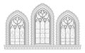 Black and white drawing for coloring book. Beautiful medieval stained glass window in French churches. Gothic architectural style