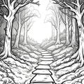 a black and white drawing coloring page of a halloween path with trees and a path in the woods Royalty Free Stock Photo