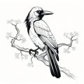 Accurate And Detailed Crow Sitting On Tree Branch Illustration Vector
