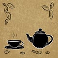 Black And White Drawing Of Cup And Teapot. Silhouette Of A Cup Of Tea And Teapot.