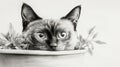 Black and white drawing of curious cat in plant pot with expressive eyes Royalty Free Stock Photo