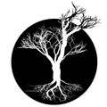 Black and white drawing of deciduous tree. Black silhouette on a white background. Large krone root system. Royalty Free Stock Photo